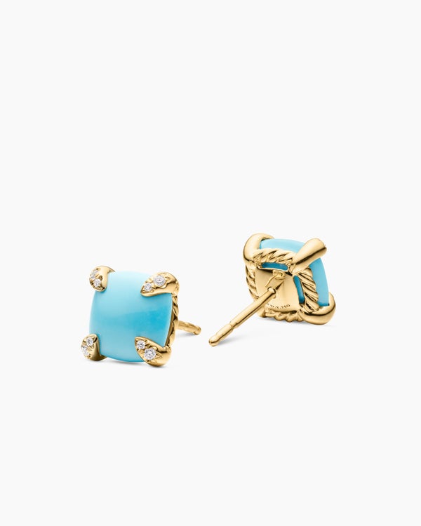 David Van Hagen Chatelaine ® Stud Earrings 18K Yellow Gold With Turquoise And Diamonds 8mm