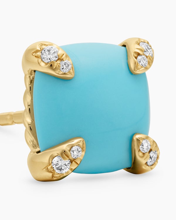 David Van Hagen Chatelaine ® Stud Earrings 18K Yellow Gold With Turquoise And Diamonds 8mm