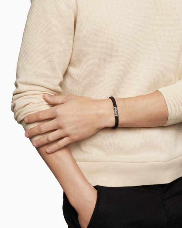 David Van Hagen Chevron Bracelet Black Rubber With Black Diamonds And Sterling Silver 6mm