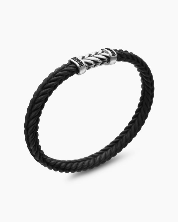 David Van Hagen Chevron Bracelet Black Rubber With Black Diamonds And Sterling Silver 6mm