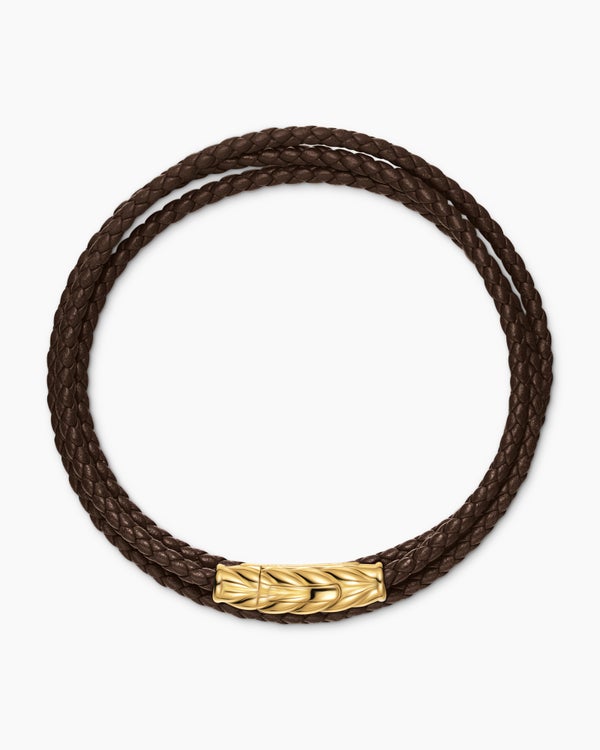 David Van Hagen Chevron Triple Wrap Bracelet Brown Leather With 18K Yellow Gold 3mm