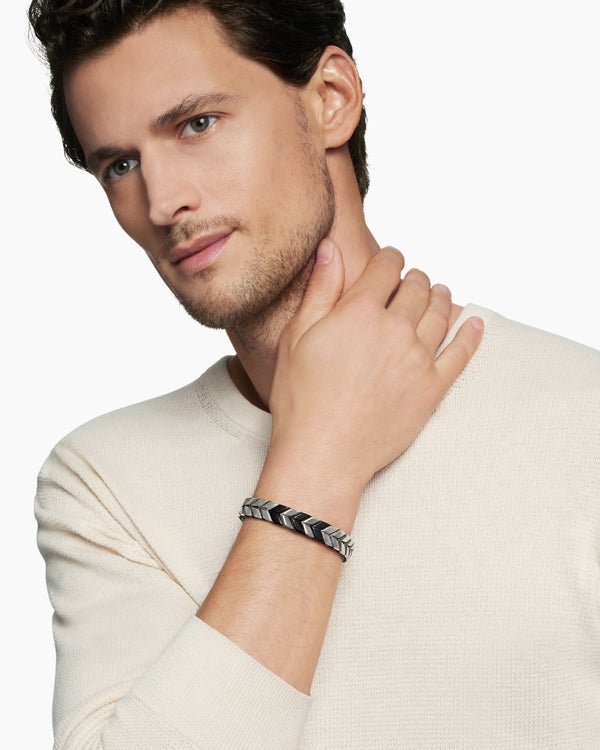 David Van Hagen Chevron Woven Bracelet Black Titanium With Sterling Silver And Black Nylon 12mm