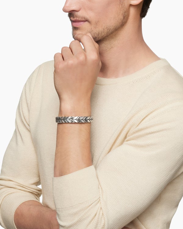 David Van Hagen Chevron Woven Bracelet Sterling Silver With Black Diamonds And Black Nylon 12mm