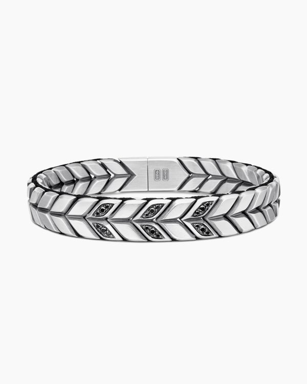 David Van Hagen Chevron Woven Bracelet Sterling Silver With Black Diamonds And Black Nylon 12mm