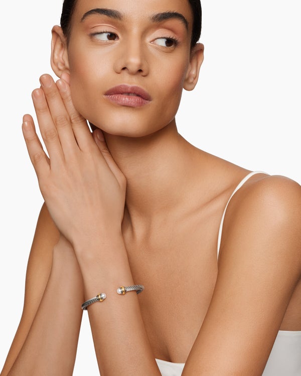 David Van Hagen Classic Cable Bracelet Sterling Silver With 14K Yellow Gold And Pearls 5mm
