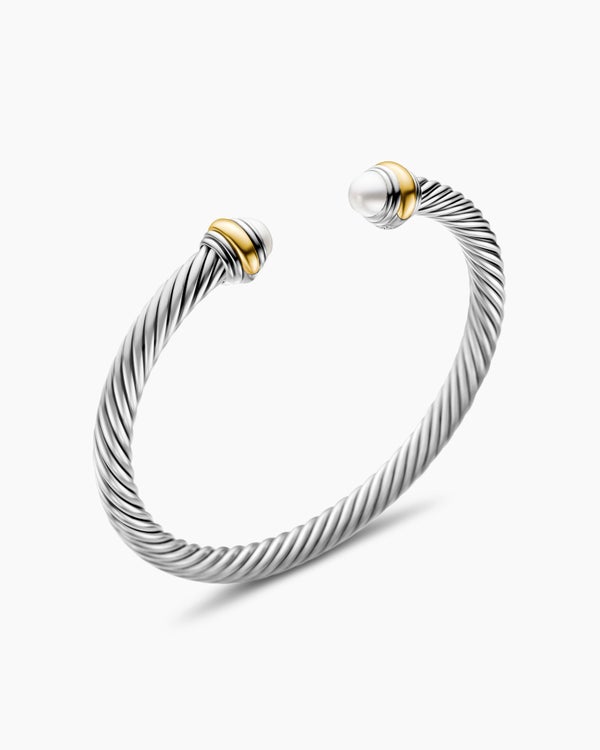David Van Hagen Classic Cable Bracelet Sterling Silver With 14K Yellow Gold And Pearls 5mm