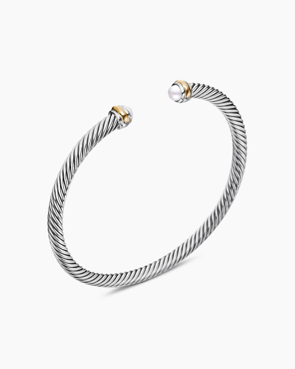 David Van Hagen Classic Cable Bracelet Sterling Silver With 18K Yellow Gold And Pearls 4mm