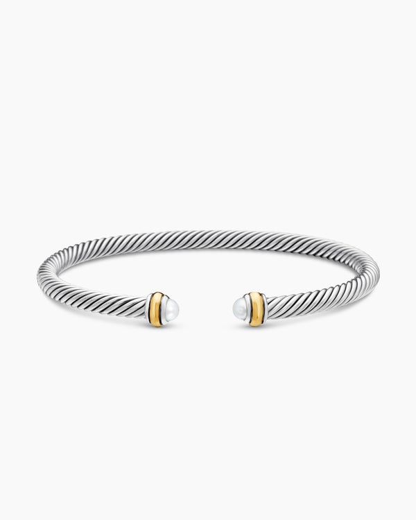 David Van Hagen Classic Cable Bracelet Sterling Silver With 18K Yellow Gold And Pearls 4mm