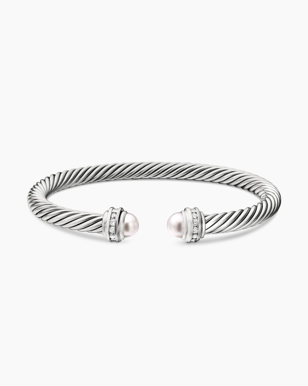 David Van Hagen Classic Cable Bracelet Sterling Silver With Pearls And Diamonds 5mm