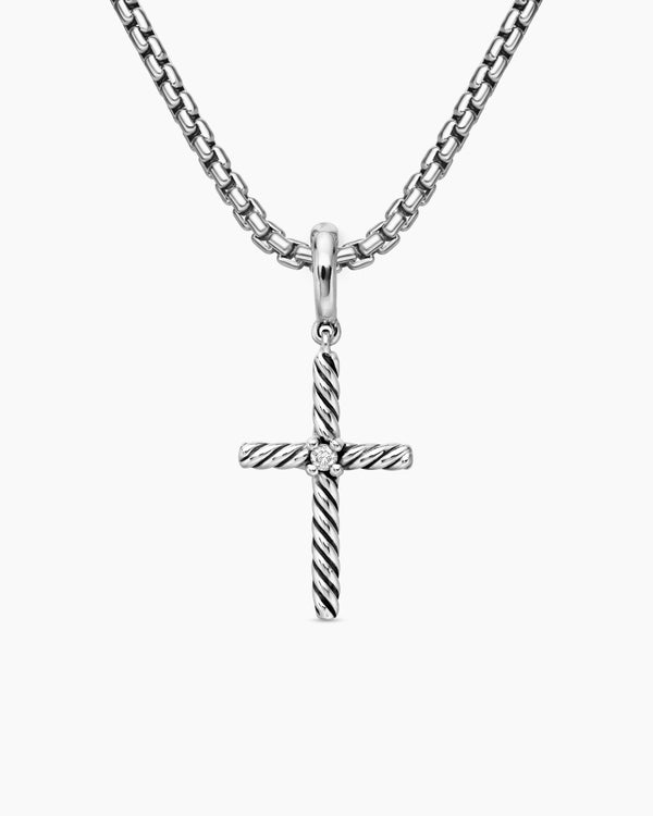 david van hagen Classic Cable Cross Pendant Sterling Silver with Center Diamond 19.5mm