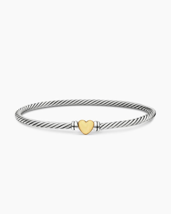 David Van Hagen Classic Cable Heart Station Bracelet Sterling Silver With 18K Yellow Gold 3mm