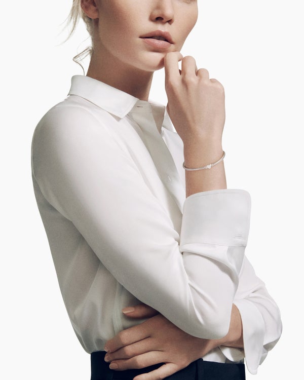 David Van Hagen Classic Cable Heart Station Bracelet Sterling Silver With Pavé Diamonds 3mm