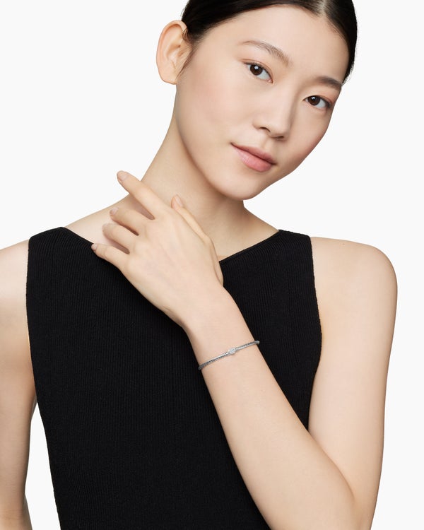 David Van Hagen Classic Cable Heart Station Bracelet Sterling Silver With Pavé Diamonds 3mm