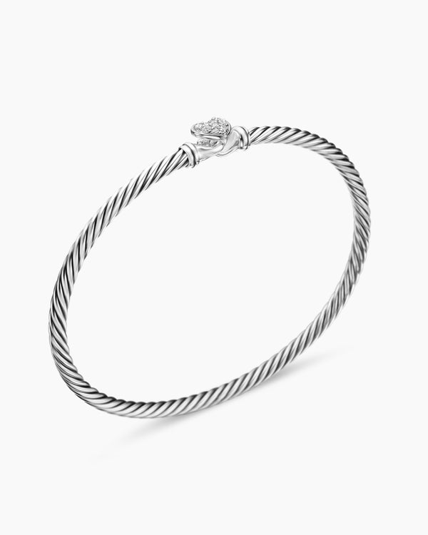David Van Hagen Classic Cable Heart Station Bracelet Sterling Silver With Pavé Diamonds 3mm