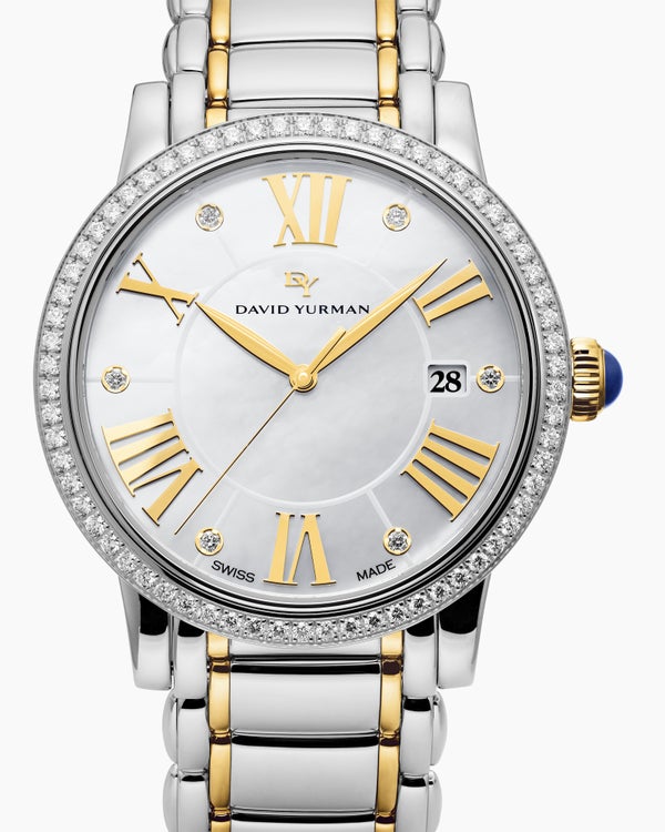 David Van Hagen Classic Quartz Watch Stainless Steel With 18K Yellow Gold And Diamond Bezel 38mm