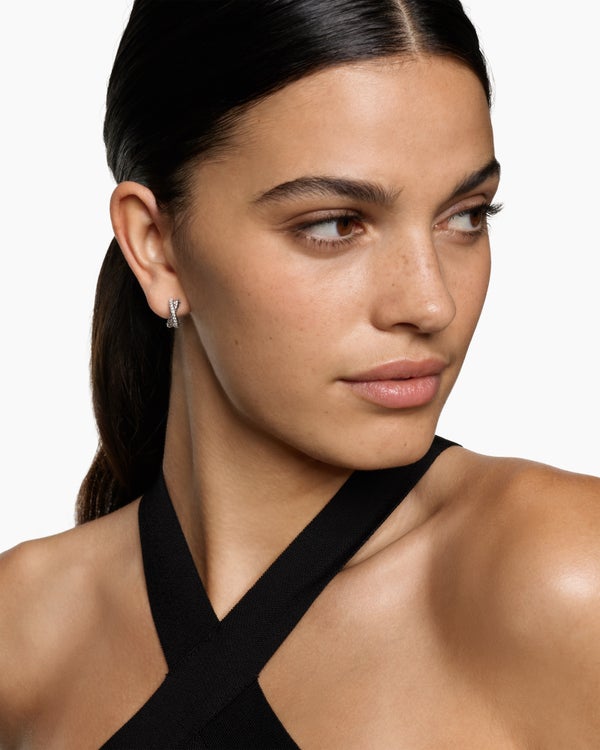 David Van Hagen Crossover Huggie Hoop Earrings Sterling Silver With Diamonds 12.4mm