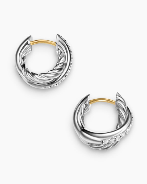 David Van Hagen Crossover Huggie Hoop Earrings Sterling Silver With Diamonds 12.4mm