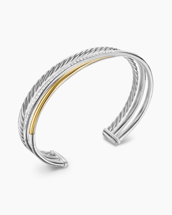 David Van Hagen Crossover Three Row Bracelet Sterling Silver With 18K Yellow Gold And Diamonds 11mm