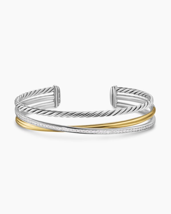 David Van Hagen Crossover Three Row Bracelet Sterling Silver With 18K Yellow Gold And Diamonds 11mm