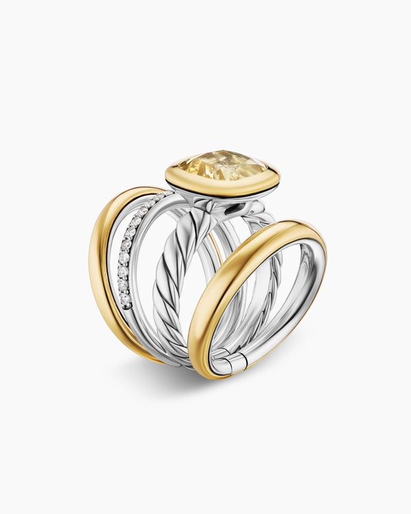 David Van Hagen DY Mercer ® Color Four Row Stone Ring Sterling Silver With 18K Yellow Gold Champagne Citrine And Diamonds 14mm