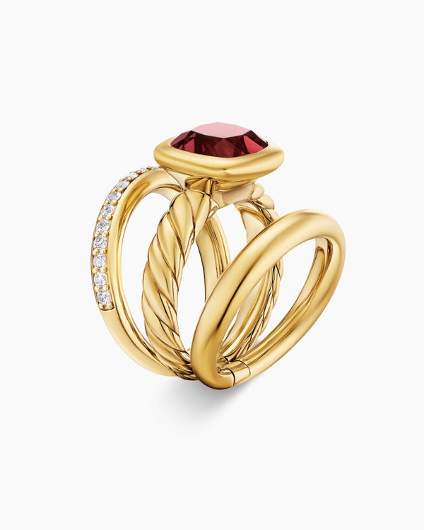 David Van Hagen DY Mercer ® Color Three Row Stone Ring 18K Yellow Gold With Rhodolite Garnet And Diamonds 12mm