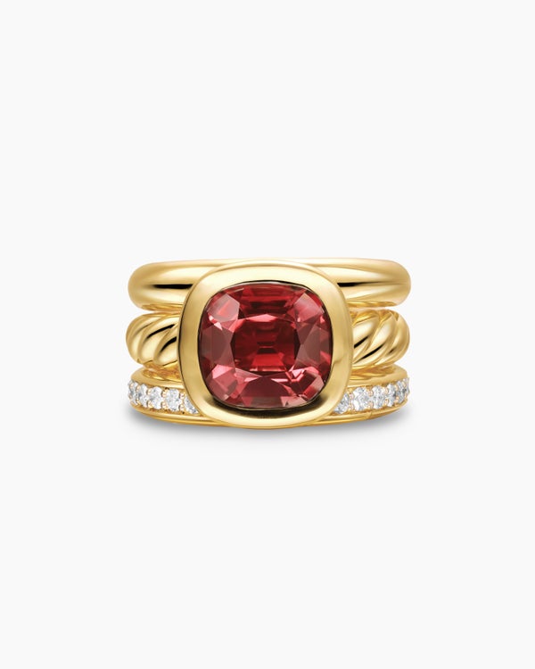 David Van Hagen DY Mercer ® Color Three Row Stone Ring 18K Yellow Gold With Rhodolite Garnet And Diamonds 12mm
