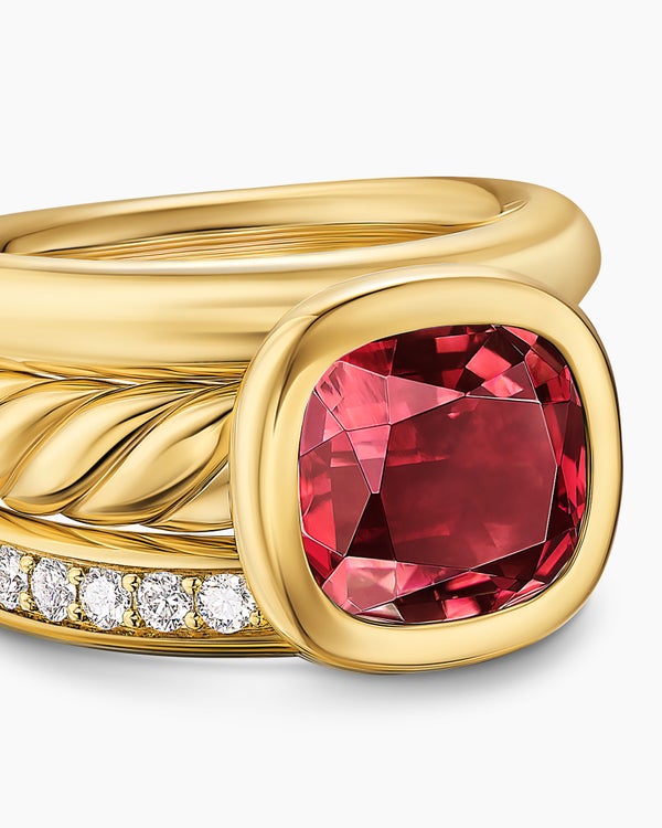 David Van Hagen DY Mercer ® Color Three Row Stone Ring 18K Yellow Gold With Rhodolite Garnet And Diamonds 12mm