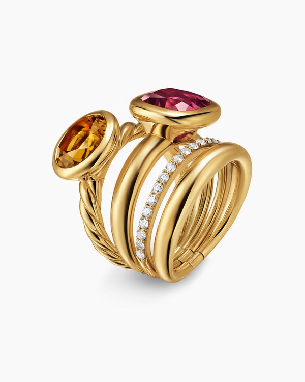 David Van Hagen DY Mercer ® Color Two Stone Cocktail Ring 18K Yellow Gold With Madeira Citrine Pink Tourmaline And Diamonds 17.7mm
