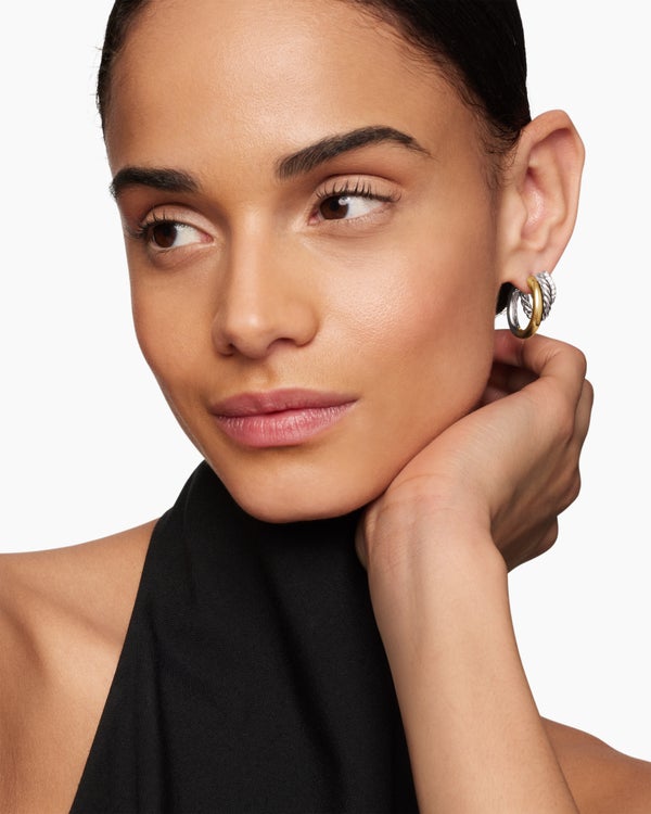 David Van Hagen DY Mercer ® Three Row Hoop Earrings Sterling Silver With 18K Yellow Gold And Diamonds 21mm