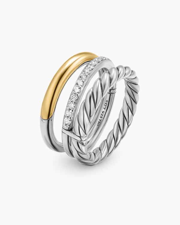 David Van Hagen DY Mercer ® Three Row Ring Sterling Silver With 18K Yellow Gold And Diamonds 8.9mm