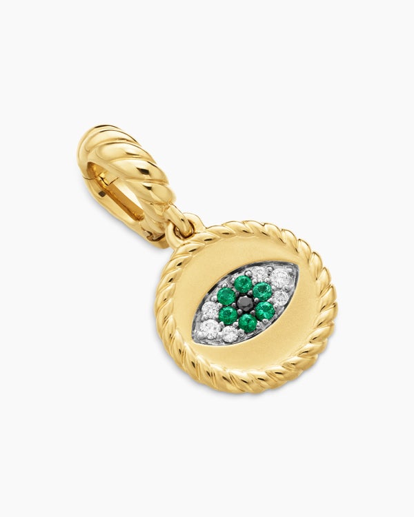 David Van Hagen Evil Eye Amulet 18K Yellow Gold With Pavé Emeralds And Diamonds 11mm