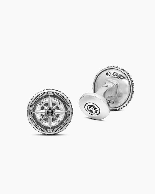 David Van Hagen Maritime ® Compass Cufflinks Sterling Silver With Center Black Diamond 16mm