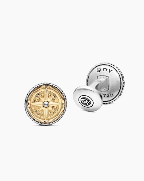 David Van Hagen Maritime ® Compass Cufflinks Sterling Silver With 18K Yellow Gold And Center Diamond 16mm