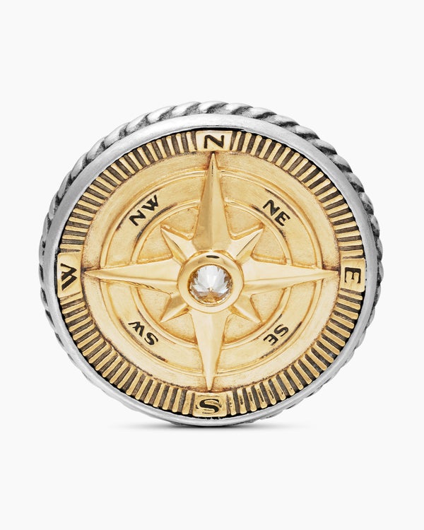 David Van Hagen Maritime ® Compass Cufflinks Sterling Silver With 18K Yellow Gold And Center Diamond 16mm