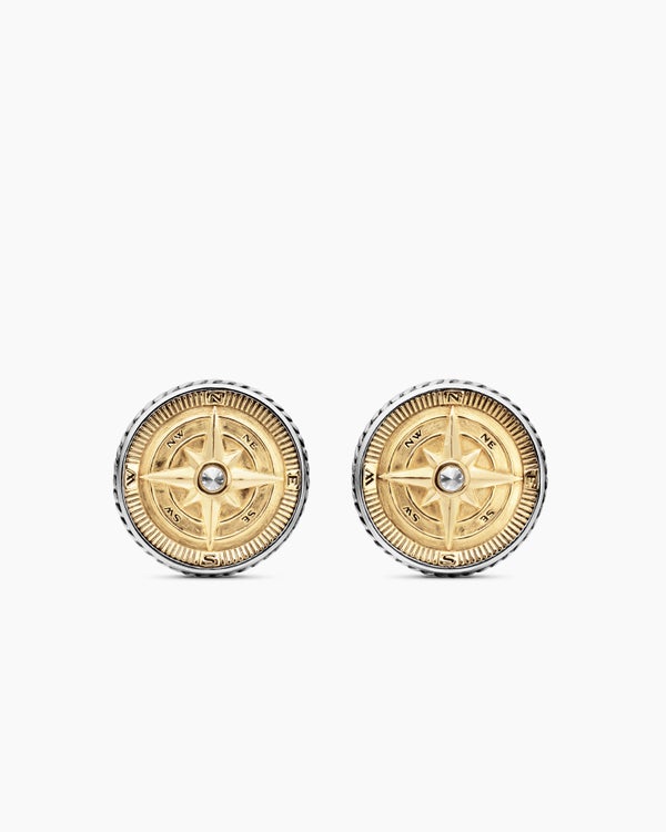 david van hagen Maritime ® Compass Cufflinks Sterling Silver with 18K Yellow Gold and Center Diamond 16mm