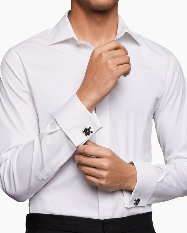 David Van Hagen Memento Mori Skull Cufflinks Sterling Silver With Black Diamonds And Rubies 24mm