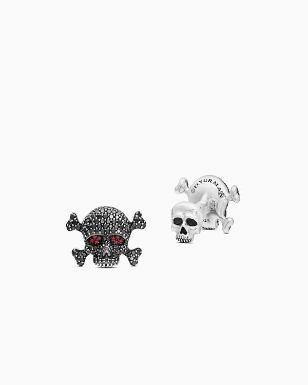 David Van Hagen Memento Mori Skull Cufflinks Sterling Silver With Black Diamonds And Rubies 24mm
