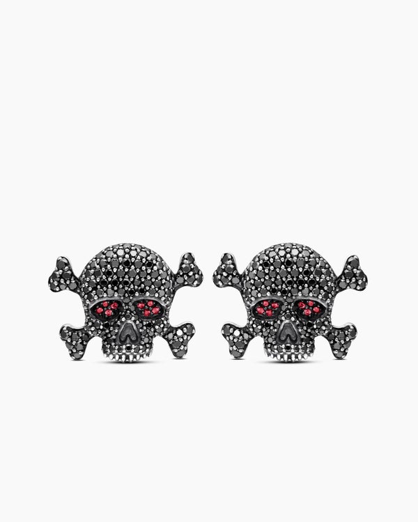 david van hagen Memento Mori Skull Cufflinks Sterling Silver with Black Diamonds and Rubies 24mm