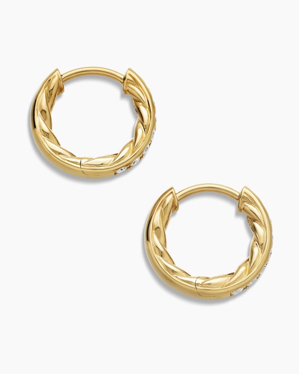 David Van Hagen Pavé Huggie Hoop Earrings 18K Yellow Gold With Diamonds 13mm