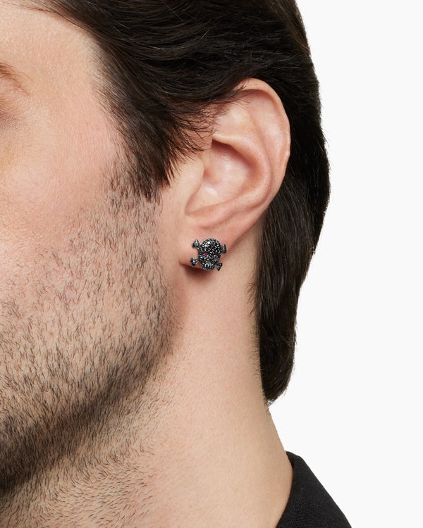 David Van Hagen Pavé Skull Stud Earring Sterling Silver With Black Diamonds And Rubies 13.5mm