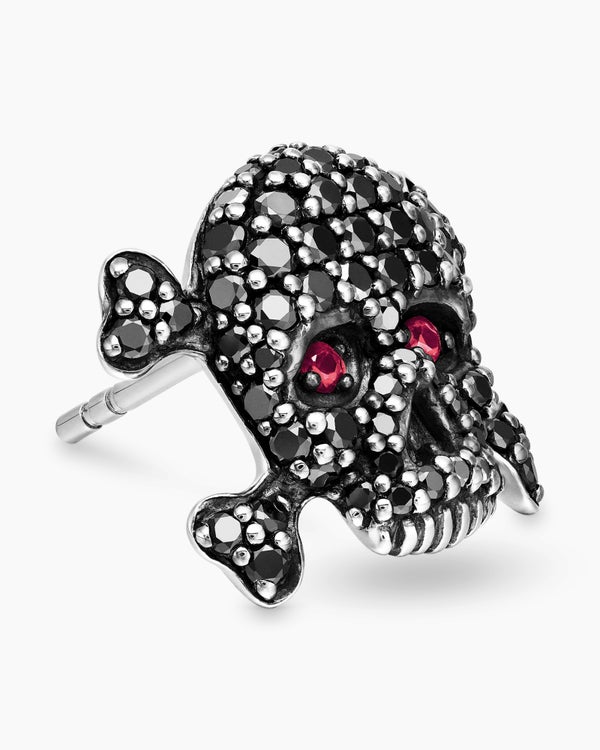 david van hagen Pavé Skull Stud Earring Sterling Silver with Black Diamonds and Rubies 13.5mm