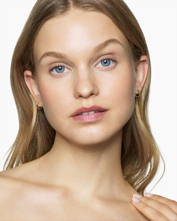 David Van Hagen Petite Pavé Huggie Hoop Earrings 18K Yellow Gold With Emeralds 12mm