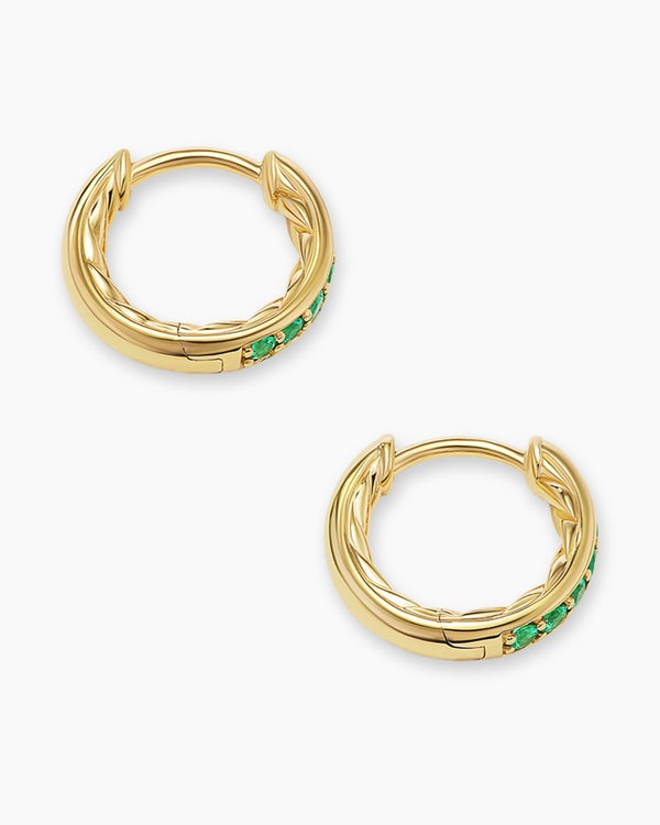 David Van Hagen Petite Pavé Huggie Hoop Earrings 18K Yellow Gold With Emeralds 12mm