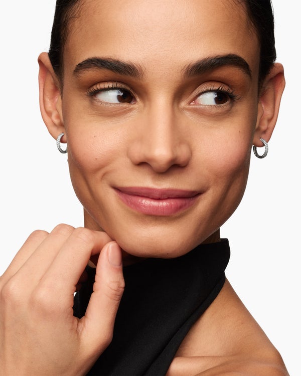 David Van Hagen Petite Pavé Huggie Hoop Earrings Sterling Silver With Diamonds 14mm