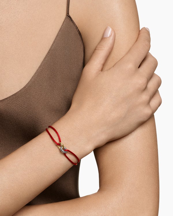 David Van Hagen Sculpted Cable Linked Cord Bracelet Red Nylon With Sterling Silver And 14K Yellow Gold 8.7mm