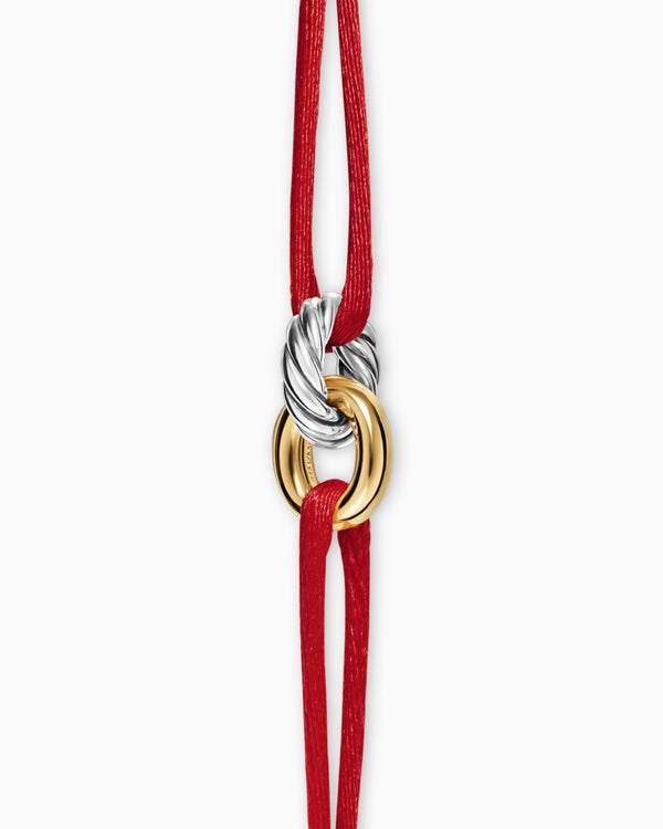 David Van Hagen Sculpted Cable Linked Cord Bracelet Red Nylon With Sterling Silver And 14K Yellow Gold 8.7mm