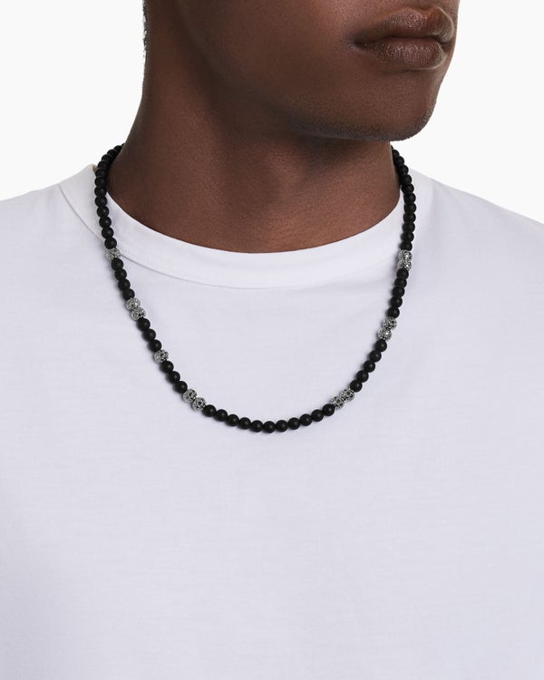David Van Hagen Spiritual Beads Necklace Sterling Silver With Black Onyx And Pavé Diamonds 6mm