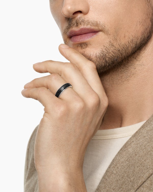 David Van Hagen Streamline ® Band Ring 18K White Gold With Forged Carbon 6mm