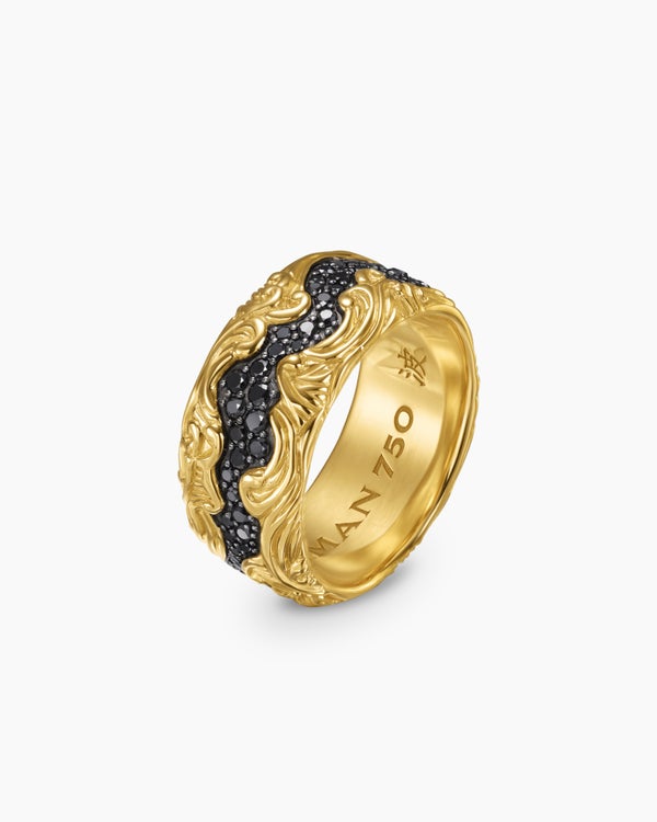 David Van Hagen Waves Band Ring 18K Yellow Gold With Black Diamonds 10.5mm