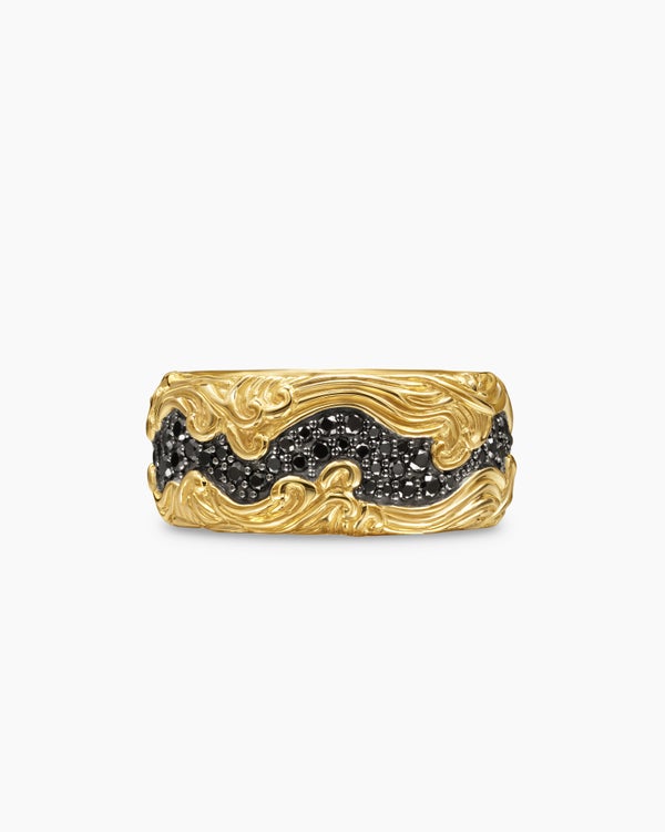 David Van Hagen Waves Band Ring 18K Yellow Gold With Black Diamonds 10.5mm